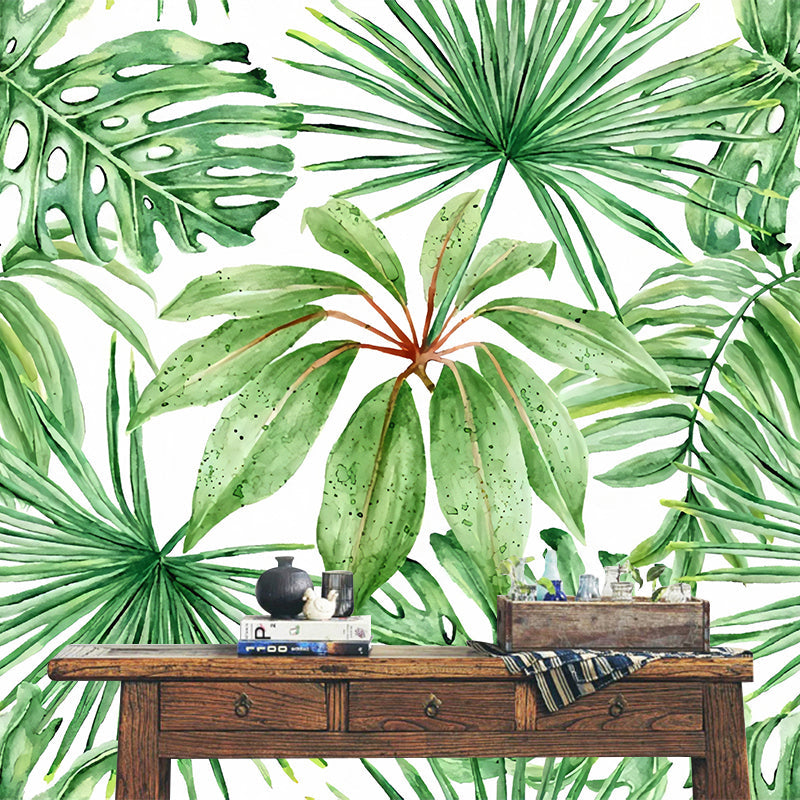 Banana Leaves Wall Art in Soft Green, Contemporary Wall Mural for Thai Restaurant Clearhalo 'Wall Decor' 'Wall Mural' 977621