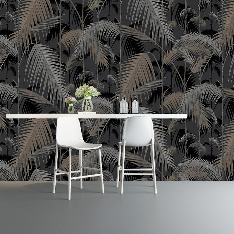 Big Feather and Plants Mural for Coffee Shop Stripe Wall Art in Black and Grey, Stain-Resistant Clearhalo 'Wall Decor' 'Wall Mural' 977625