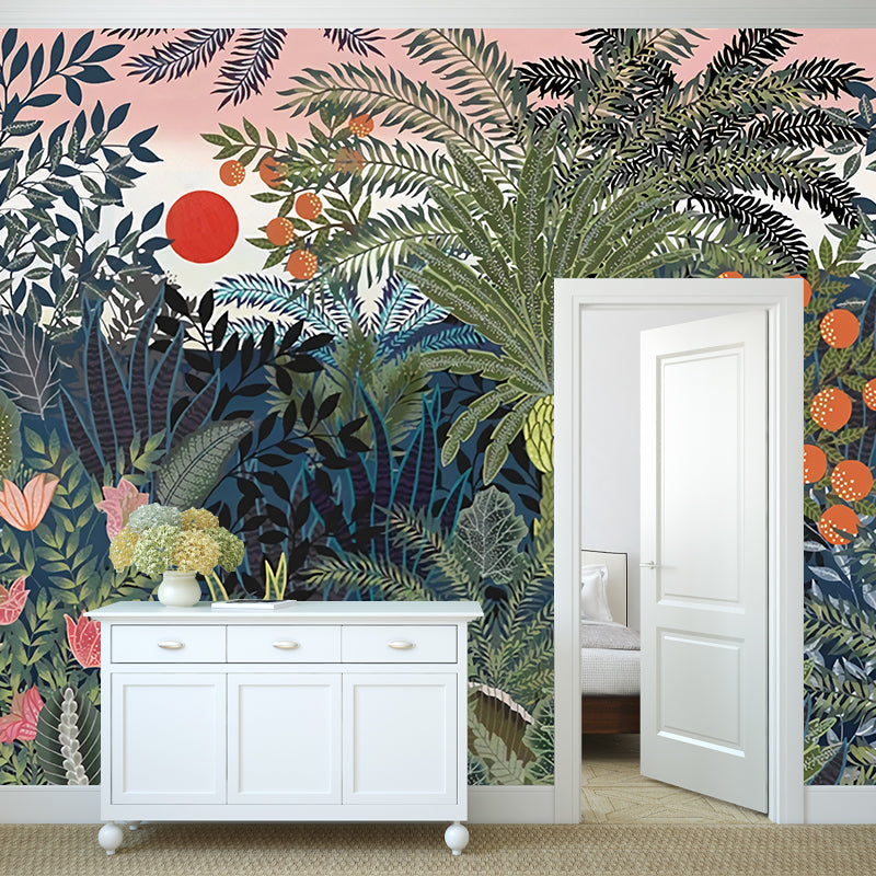 Whole Illustration Nordic Wall Mural for Bedroom Decor with Jungle and Sun Pattern in Green Clearhalo 'Wall Decor' 'Wall Mural' 977630