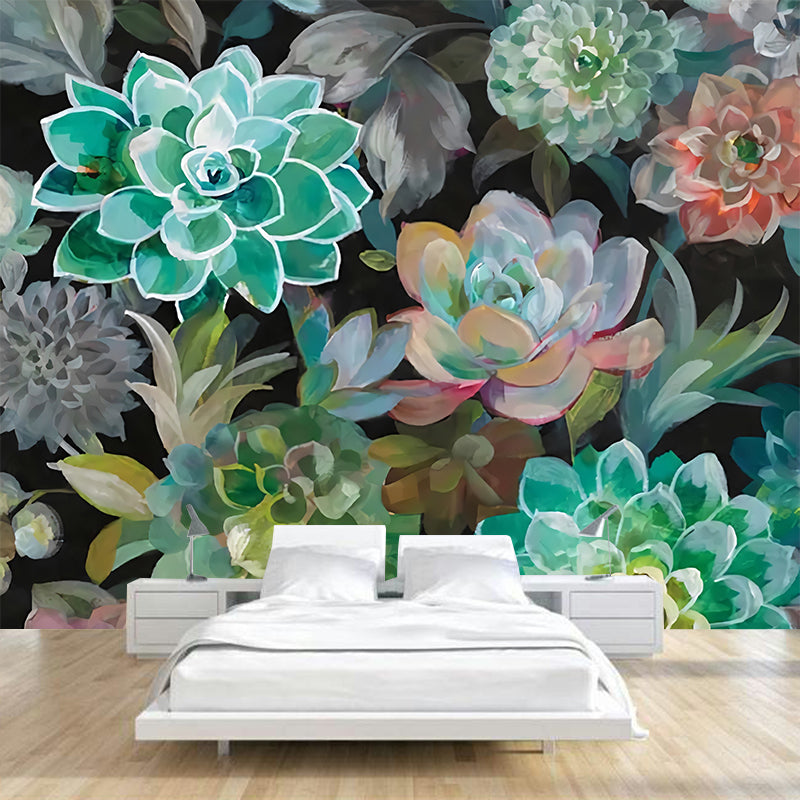 Water-Resistant Lotus Wall Mural Non-Woven Fabric Nordic Wall Covering for Accent Wall Aqua Clearhalo 'Wall Decor' 'Wall Mural' 977634