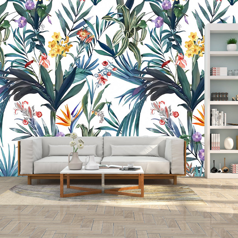 Big Countryside Wall Covering in Aqua Plants and Flower Wall Mural, Made to Measure Clearhalo 'Wall Decor' 'Wall Mural' 977641