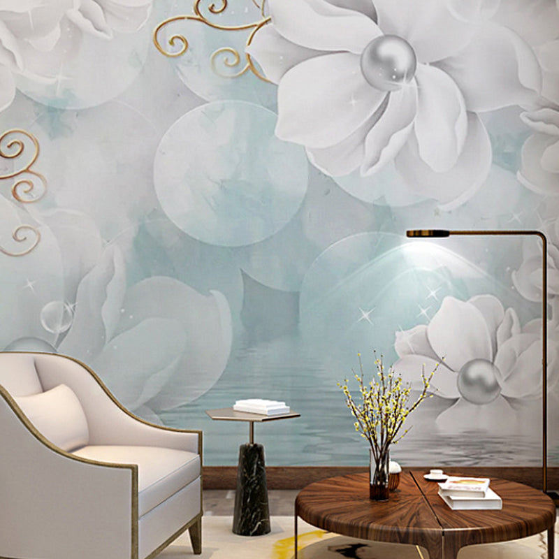 Clear Pearl and Flower Mural Wallpaper Minimalist Wall Art, Customized Size Available Blue-White Clearhalo 'Wall Decor' 'Wall Mural' 977649