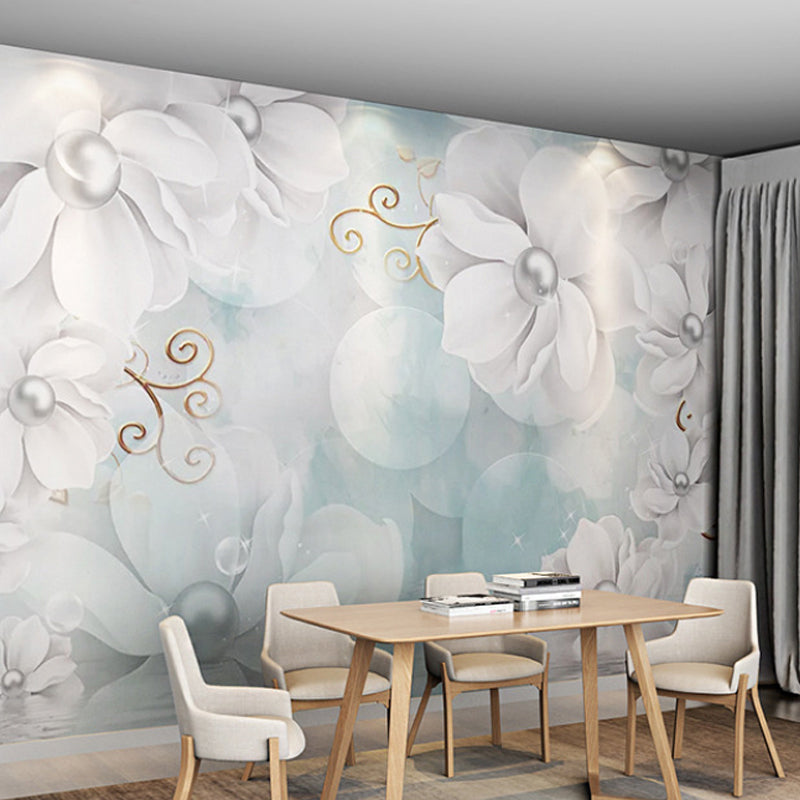 Clear Pearl and Flower Mural Wallpaper Minimalist Wall Art, Customized Size Available Clearhalo 'Wall Decor' 'Wall Mural' 977651