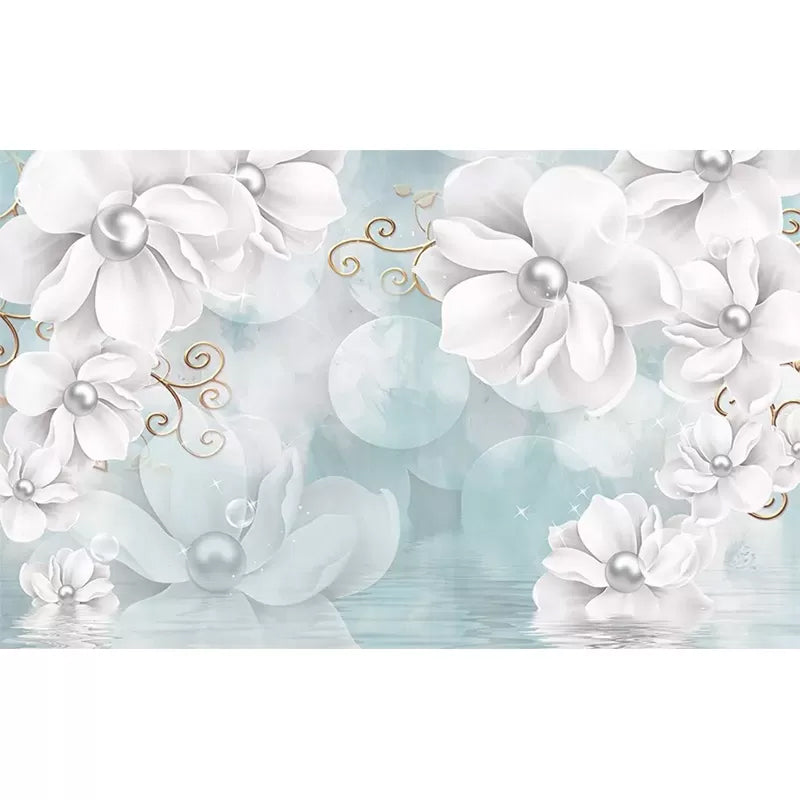 Clear Pearl and Flower Mural Wallpaper Minimalist Wall Art, Customized Size Available Clearhalo 'Wall Decor' 'Wall Mural' 977652