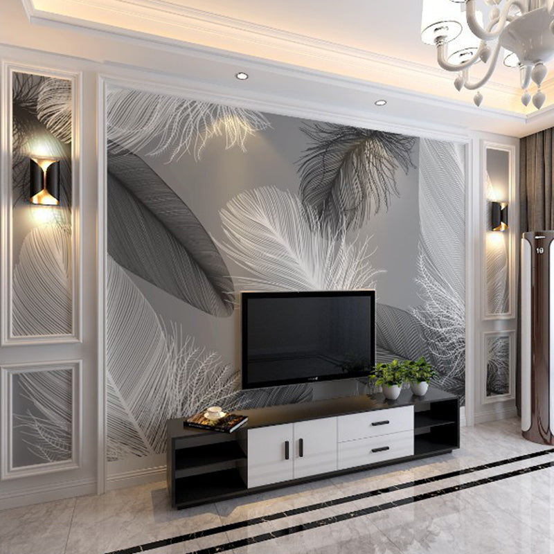 Light Feather Mural Wallpaper for Living Room Decor, Grey and Black, Made to Measure Clearhalo 'Wall Decor' 'Wall Mural' 977655