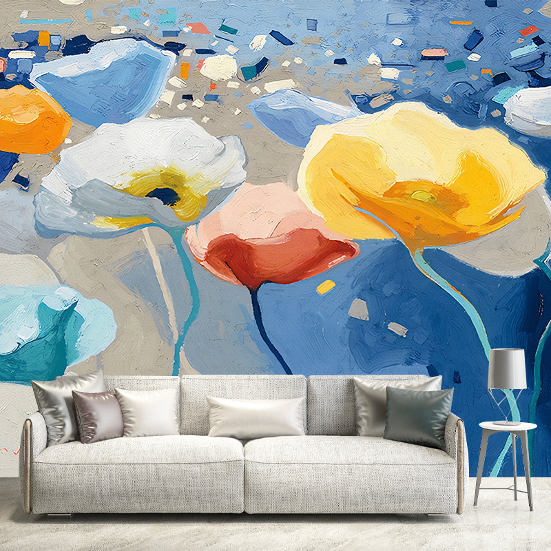 Full Size Illustration Simple Mural for Bedroom with Watercolors of Flower Design in Neutral Color Blue-Pink-Yellow Clearhalo 'Wall Decor' 'Wall Mural' 977669