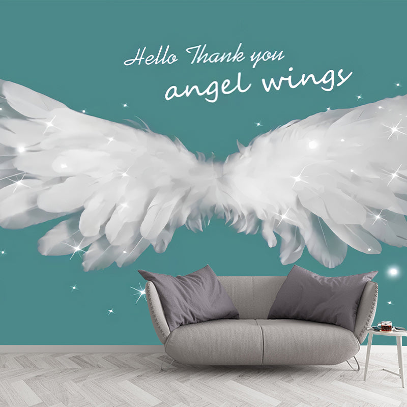 Green and White Wing Mural Wallpaper Decorative Wall Art for Boy's or Girl's Bedroom Clearhalo 'Wall Decor' 'Wall Mural' 977676