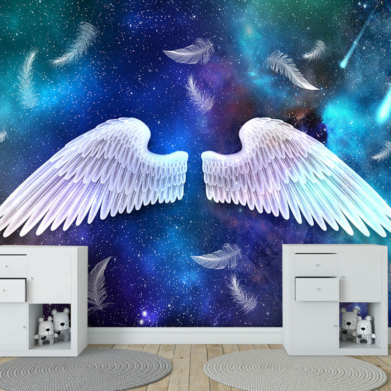 Illustration Wing and Feather Mural Personalized Size Wall Art for Living Room, Made to Measure Blue-White Clearhalo 'Wall Decor' 'Wall Mural' 977679