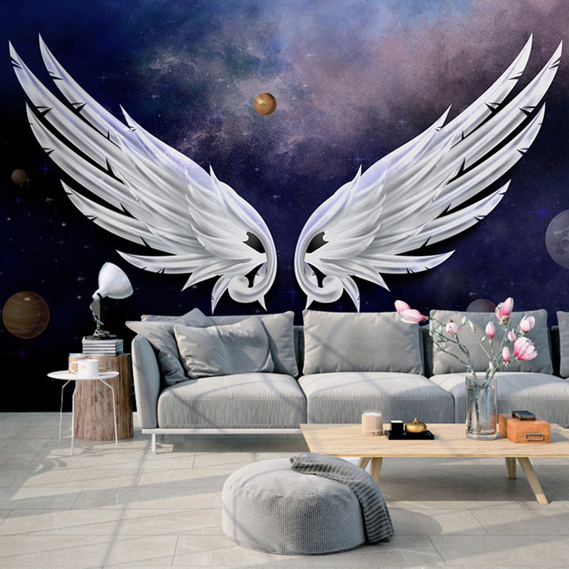 Feather and Wing Wall Covering in Purple and White, Original Wall Art for Bar Decoration Purple-White Clearhalo 'Wall Decor' 'Wall Mural' 977684