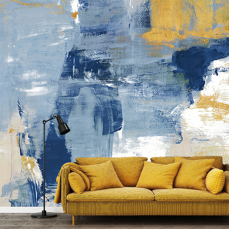 Original Watercolors Wall Mural Decal for Coffee Shop, Blue and Yellow, Made to Measure Clearhalo 'Wall Decor' 'Wall Mural' 977791