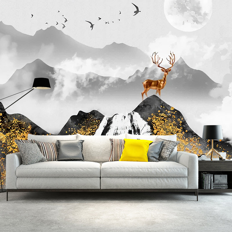 Grey and Gold Mountain Mural Wallpaper Water-Resistant Wall Art for Guest Room Decor Clearhalo 'Wall Decor' 'Wall Mural' 977805