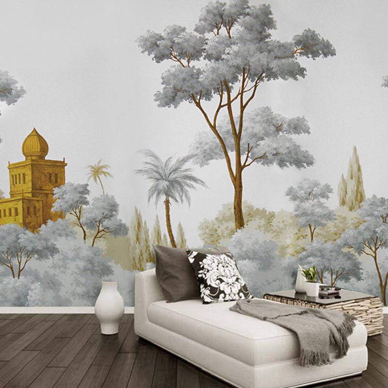 Simple Castle and Tree Mural Wallpaper for Home Decoration, Extra Large Wall Art in Grey and Green Gray-Green Clearhalo 'Wall Decor' 'Wall Mural' 977814