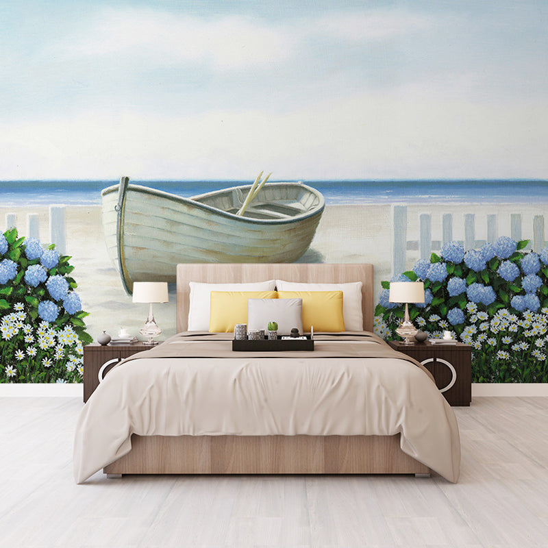 Boat and Beach Wall Mural Decal in Blue, Minimalist Wall Art for Living Room Decor Blue Clearhalo 'Wall Decor' 'Wall Mural' 977819