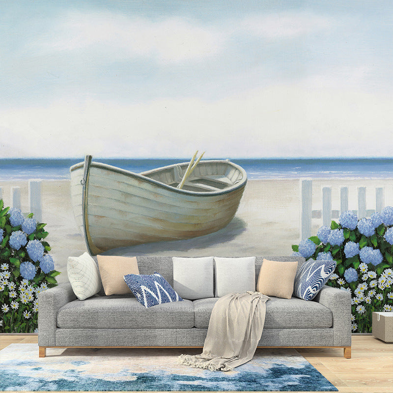 Boat and Beach Wall Mural Decal in Blue, Minimalist Wall Art for Living Room Decor Clearhalo 'Wall Decor' 'Wall Mural' 977820