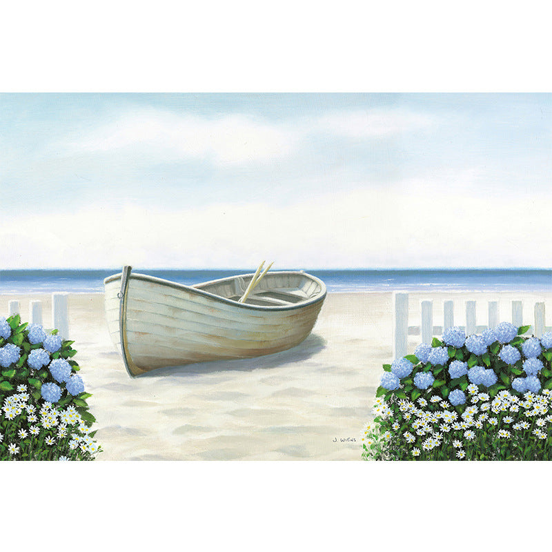 Boat and Beach Wall Mural Decal in Blue, Minimalist Wall Art for Living Room Decor Clearhalo 'Wall Decor' 'Wall Mural' 977822