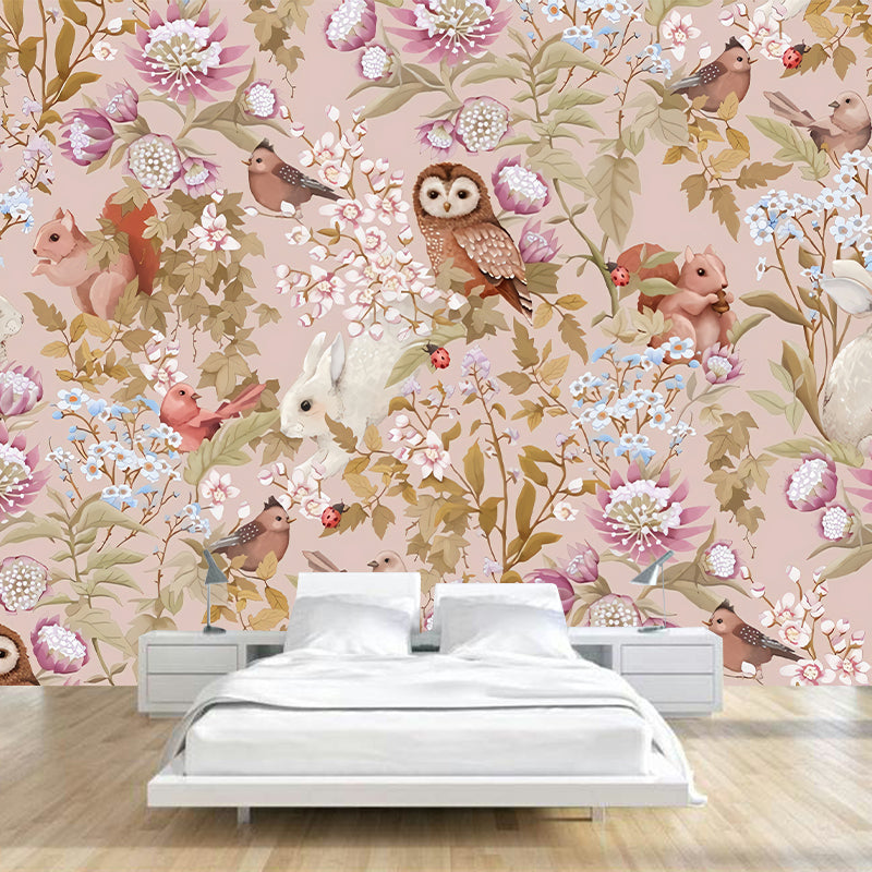 Cute Owl and Squirrel Mural Wallpaper for Girl's Bedroom, Pastel Pink, Made to Measure Clearhalo 'Wall Decor' 'Wall Mural' 977841