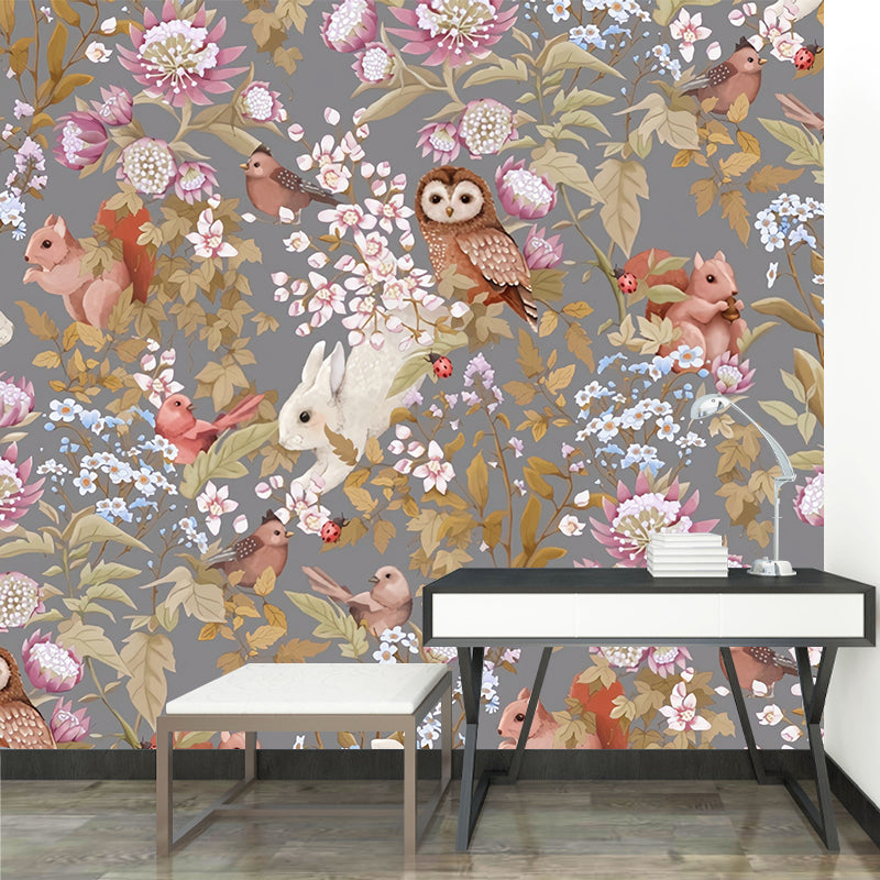 Cute Owl and Squirrel Mural Wallpaper for Girl's Bedroom, Pastel Pink, Made to Measure Clearhalo 'Wall Decor' 'Wall Mural' 977845