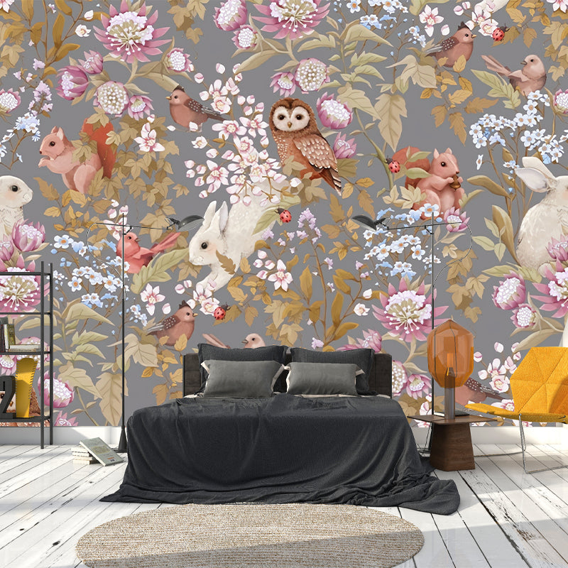 Cute Owl and Squirrel Mural Wallpaper for Girl's Bedroom, Pastel Pink, Made to Measure Clearhalo 'Wall Decor' 'Wall Mural' 977846