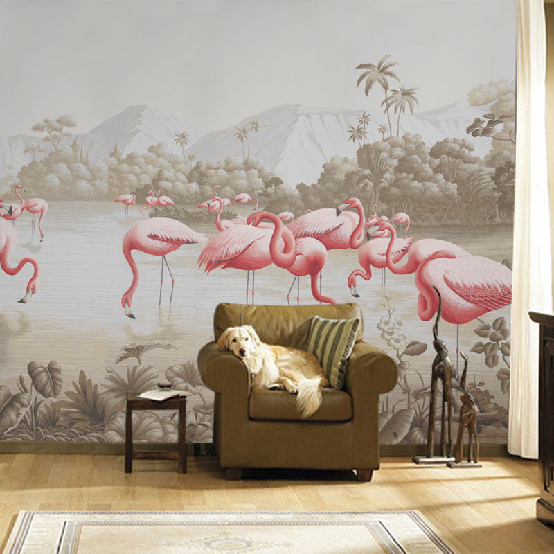 Full Size Flamingo Wall Mural in Pink and Brown Non-Woven Fabric Wall Art for Home Decor, Custom-Made Clearhalo 'Wall Decor' 'Wall Mural' 977851