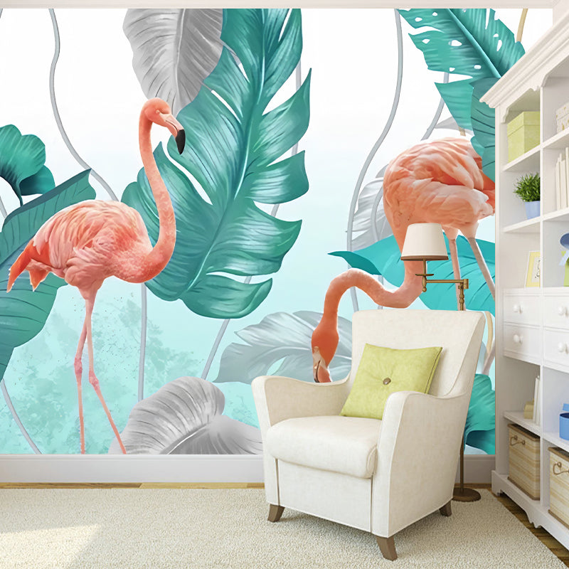 Nordic Flamingo Wall Mural Decal for Accent Wall, Personalized Size Wall Art in Pink and Green Pink-Blue-Green Clearhalo 'Wall Decor' 'Wall Mural' 977869