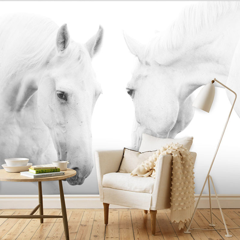 Horse Mural Wallpaper in Black and White, Minimalist Wall Art for Guest Room Decor Black-White Clearhalo 'Wall Decor' 'Wall Mural' 977874