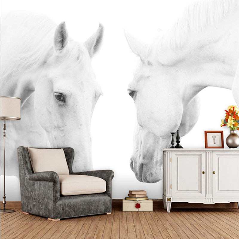 Horse Mural Wallpaper in Black and White, Minimalist Wall Art for Guest Room Decor Clearhalo 'Wall Decor' 'Wall Mural' 977875