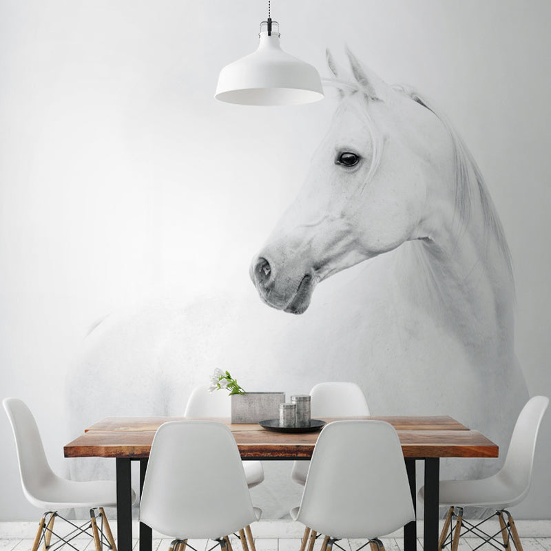 Custom Photography Simple Wall Mural for Living Room Decor with Horse Pattern in Black and White Black-White Clearhalo 'Wall Decor' 'Wall Mural' 977884