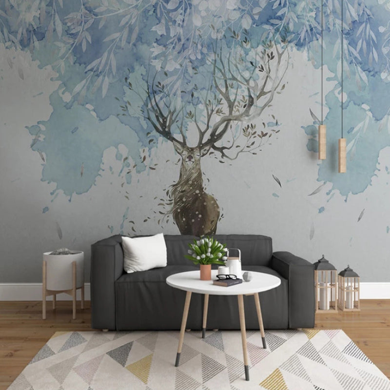 Extra Large Minimalist Wall Mural in Blue and Brown Deer Wall Covering, Made to Measure Blue-Brown Clearhalo 'Wall Decor' 'Wall Mural' 977894