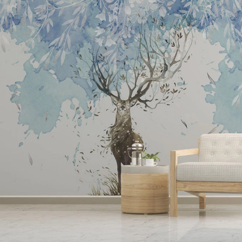 Extra Large Minimalist Wall Mural in Blue and Brown Deer Wall Covering, Made to Measure Clearhalo 'Wall Decor' 'Wall Mural' 977896