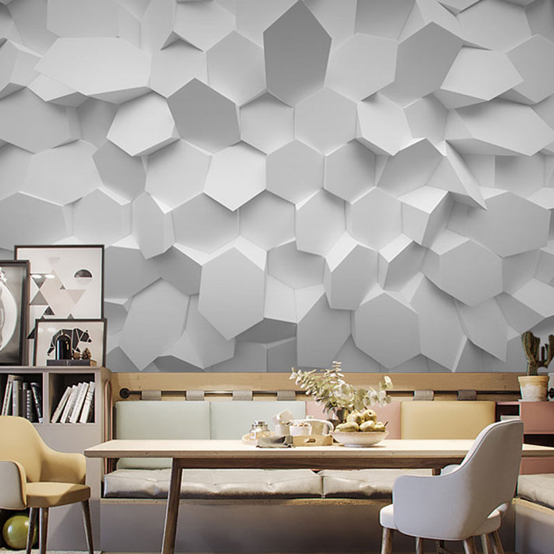 Grey 3D Print Hexagon Mural Wallpaper Waterproofing Wall Covering for Meeting Room Decor Gray-White Clearhalo 'Wall Decor' 'Wall Mural' 977924