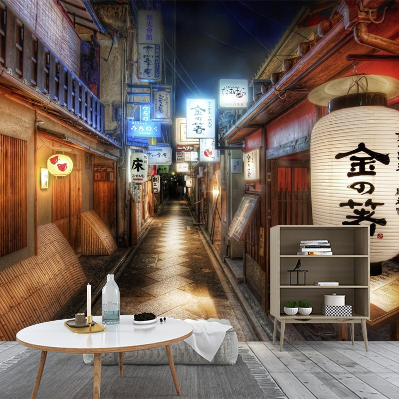 Traditional 3D Street Wall Art for Japanese Restaurant Decoration, Custom-Printed Wall Mural in Red and Brown Coffee Clearhalo 'Wall Decor' 'Wall Mural' 977979