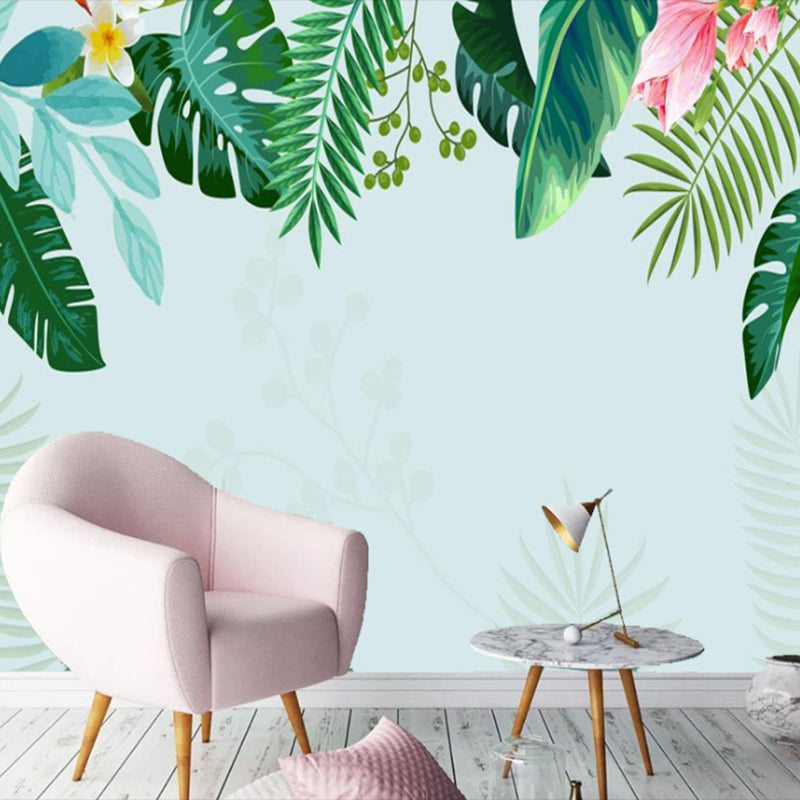 Giant Leaf and Blossom Mural in Green and Pink Non-Woven Fabric Wall Art for Home Decoration, Personalized Size Available Blue-Green Clearhalo 'Wall Decor' 'Wall Mural' 977994