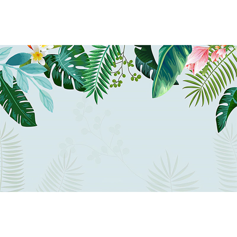 Giant Leaf and Blossom Mural in Green and Pink Non-Woven Fabric Wall Art for Home Decoration, Personalized Size Available Clearhalo 'Wall Decor' 'Wall Mural' 977997