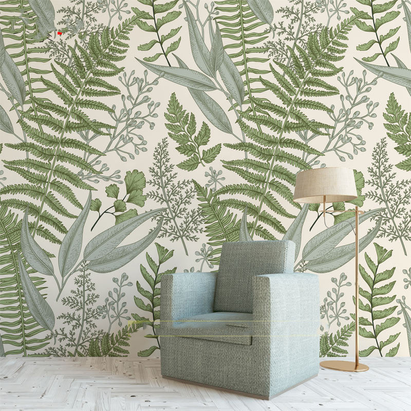 Green Leaf Mural Wallpaper Water-Resistant Wall Covering for Accent Wall, Custom Size Available Clearhalo 'Wall Decor' 'Wall Mural' 978000