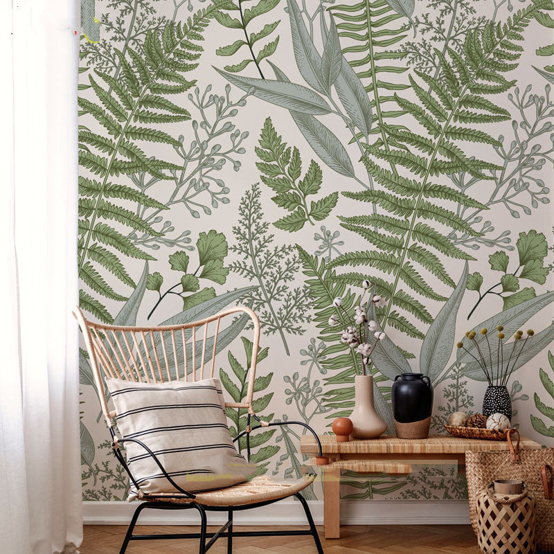 Green Leaf Mural Wallpaper Water-Resistant Wall Covering for Accent Wall, Custom Size Available Clearhalo 'Wall Decor' 'Wall Mural' 978001