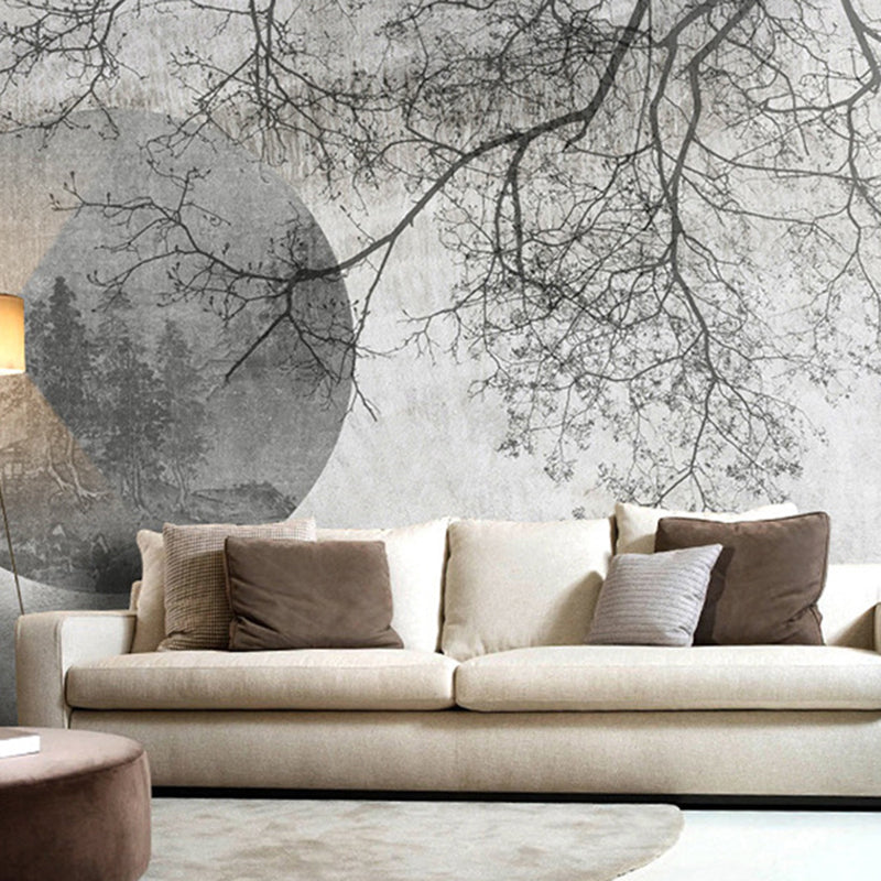 Illustration Moon and Branch Mural Extra Large Wall Decor for Living Room, Made to Measure Gray-White Clearhalo 'Wall Decor' 'Wall Mural' 978004