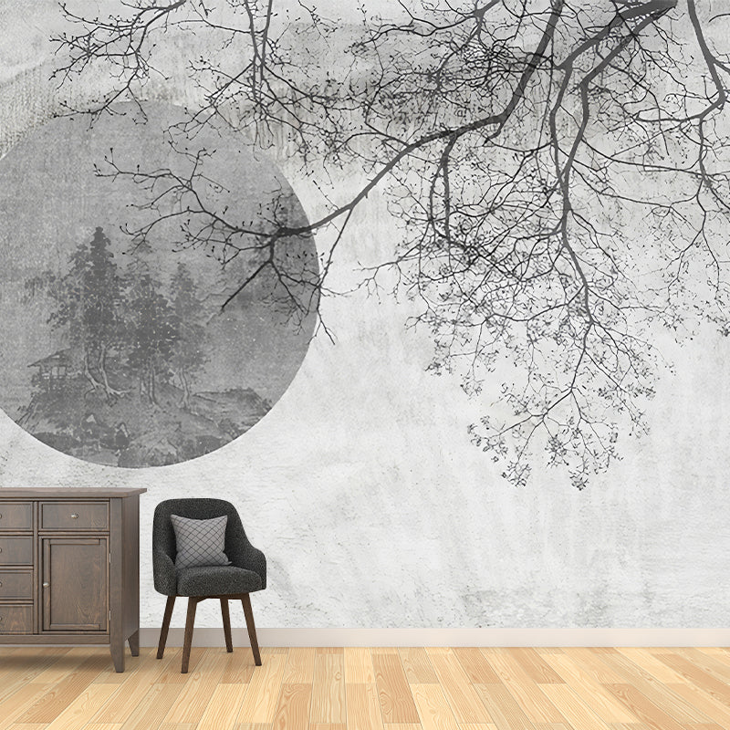 Illustration Moon and Branch Mural Extra Large Wall Decor for Living Room, Made to Measure Clearhalo 'Wall Decor' 'Wall Mural' 978005