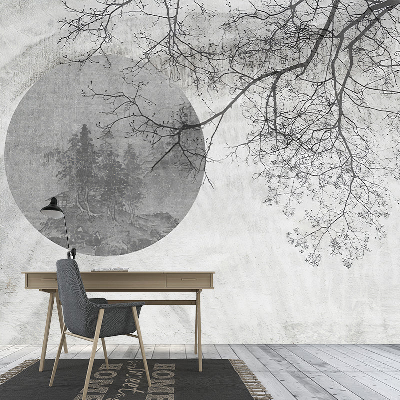 Illustration Moon and Branch Mural Extra Large Wall Decor for Living Room, Made to Measure Clearhalo 'Wall Decor' 'Wall Mural' 978006