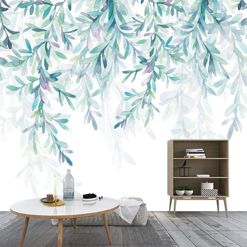 Nordic Garden Leaf Wall Covering for Living Room, Personalized Size Wall Art in Green and White Aqua Clearhalo 'Wall Decor' 'Wall Mural' 978009