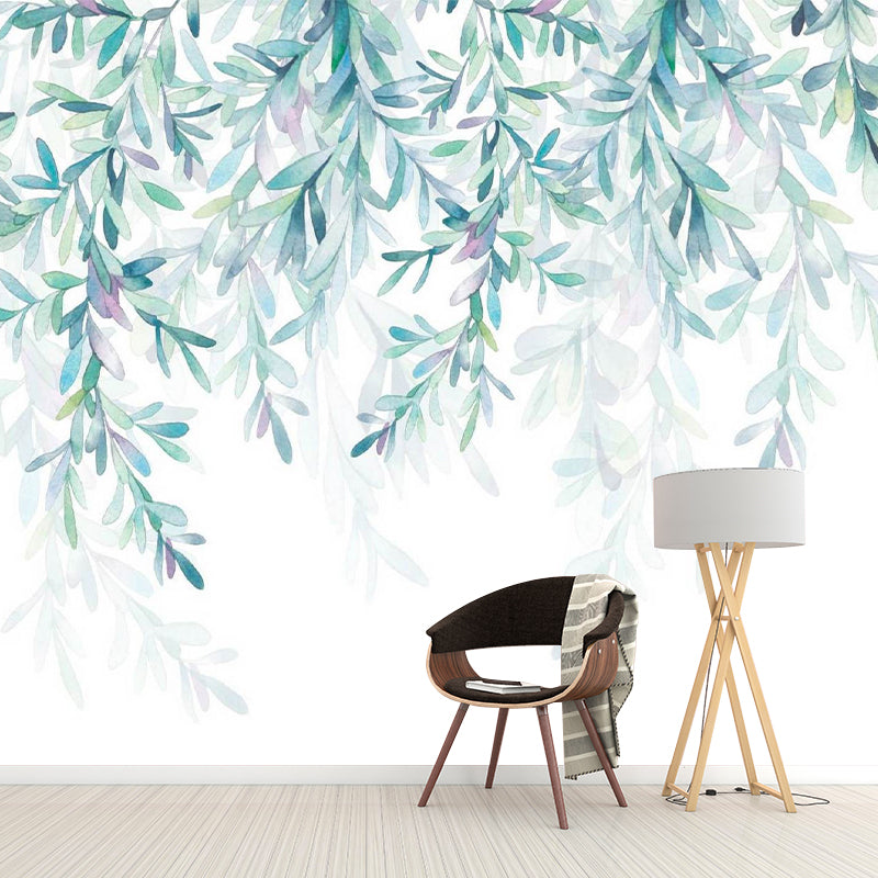 Nordic Garden Leaf Wall Covering for Living Room, Personalized Size Wall Art in Green and White Clearhalo 'Wall Decor' 'Wall Mural' 978010