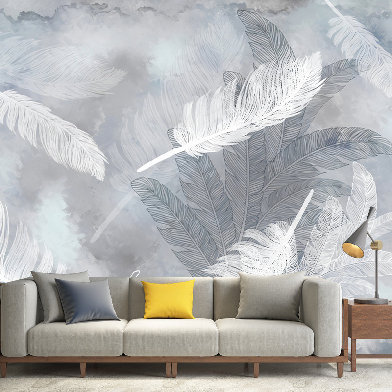 Feather Mural Wallpaper in Pastel Grey, Minimalist Wall Covering for Guest Room Decoration Grey Clearhalo 'Wall Decor' 'Wall Mural' 978014