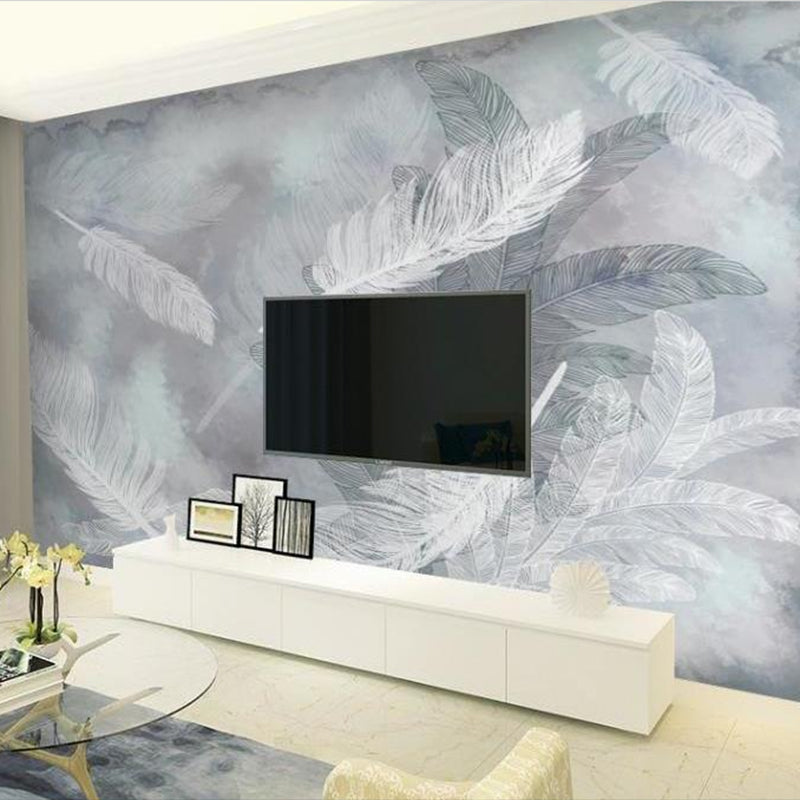 Feather Mural Wallpaper in Pastel Grey, Minimalist Wall Covering for Guest Room Decoration Clearhalo 'Wall Decor' 'Wall Mural' 978015