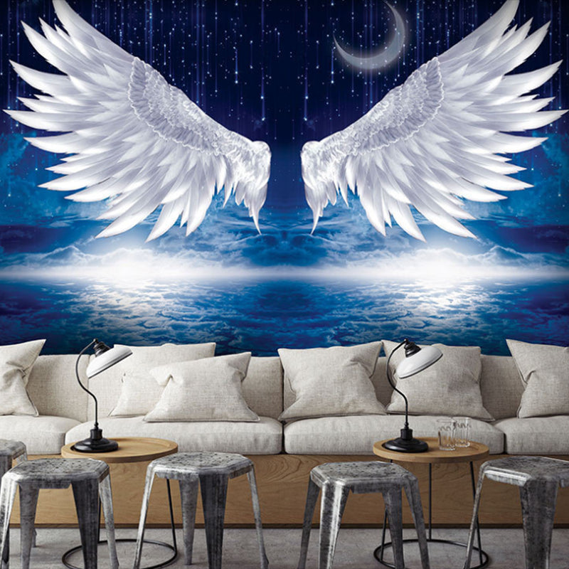 Full Size Wing Mural Wallpaper in White and Blue Non-Woven Fabric Wall Covering for Home Decor, Custom-Made Clearhalo 'Wall Decor' 'Wall Mural' 978060