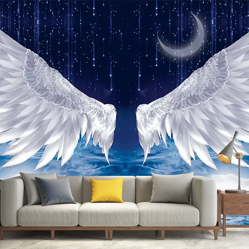 Full Size Wing Mural Wallpaper in White and Blue Non-Woven Fabric Wall Covering for Home Decor, Custom-Made Clearhalo 'Wall Decor' 'Wall Mural' 978061