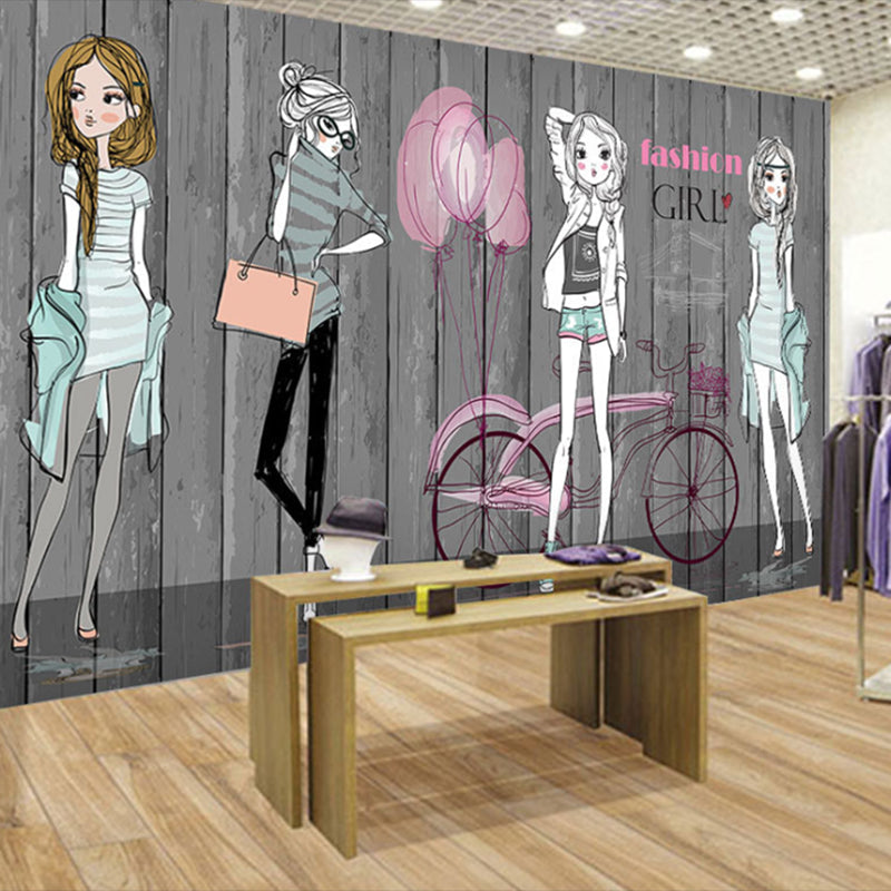 Original Cartoon Beauty Wall Art in Grey Dress Shop Mural Wallpaper, Personalized Size Available Grey Clearhalo 'Wall Decor' 'Wall Mural' 978064