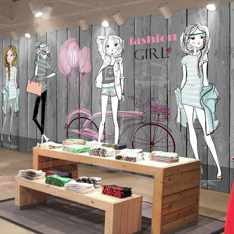 Original Cartoon Beauty Wall Art in Grey Dress Shop Mural Wallpaper, Personalized Size Available Clearhalo 'Wall Decor' 'Wall Mural' 978065