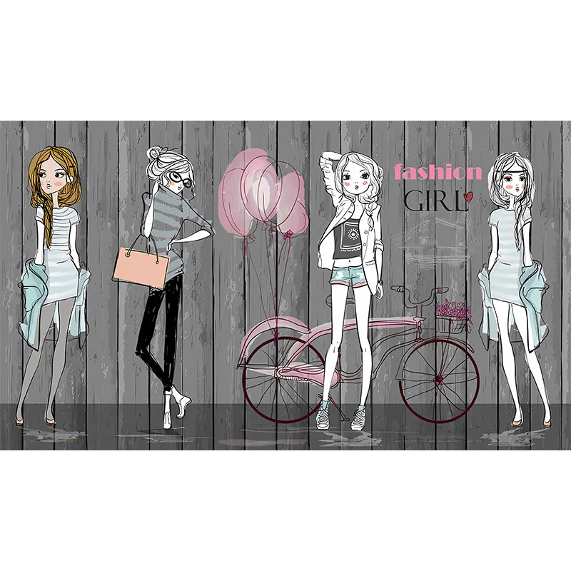 Original Cartoon Beauty Wall Art in Grey Dress Shop Mural Wallpaper, Personalized Size Available Clearhalo 'Wall Decor' 'Wall Mural' 978067