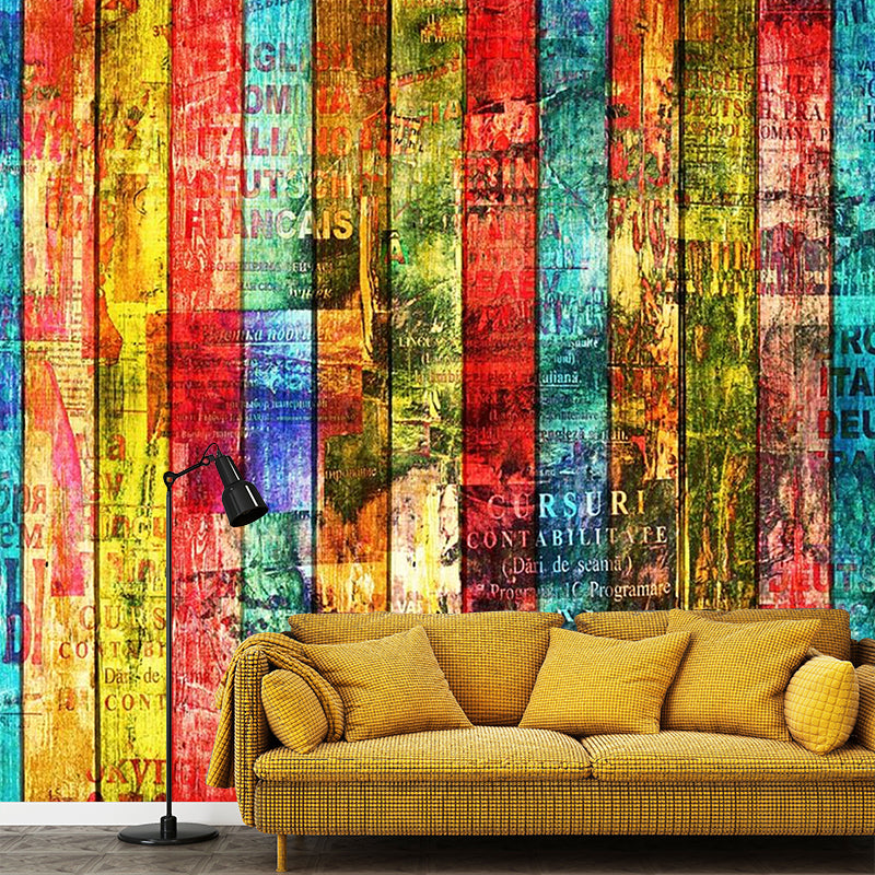 Whole Faux Wood Wall Covering for Coffee Shop Stripe Wall Mural in Multi-Color, Water-Resistant Red-Yellow-Blue-Green Clearhalo 'Wall Decor' 'Wall Mural' 978094