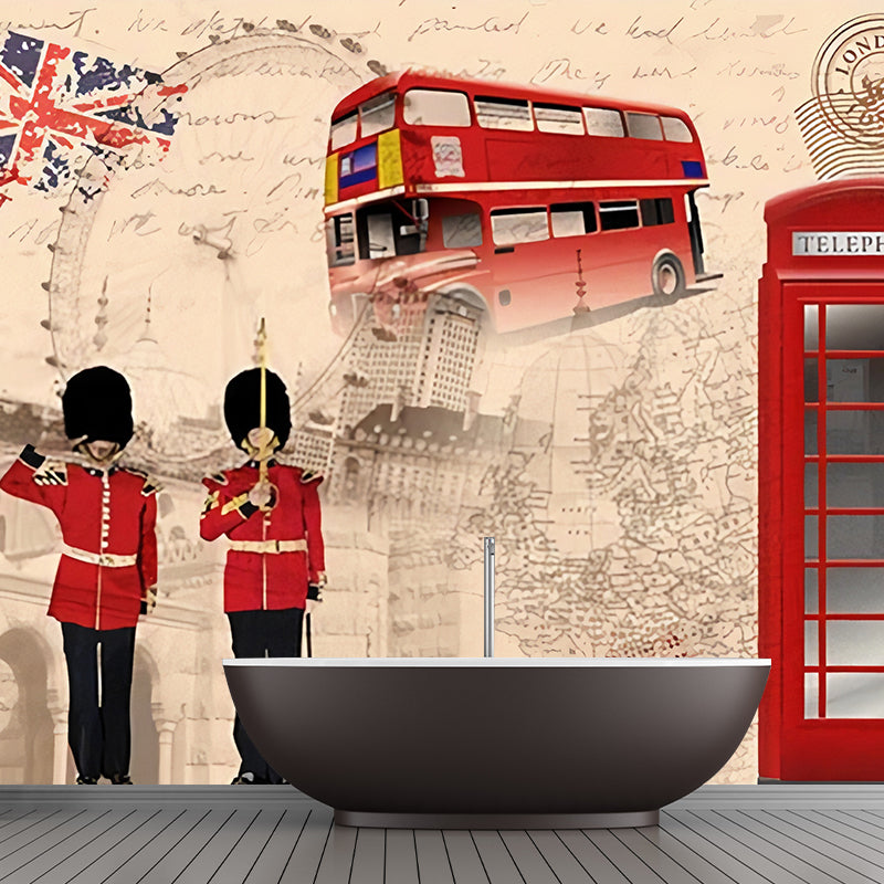 Extra Large Nostalgic Wall Art Red and Brown British Construction Wall Mural, Customized Size Available Red Coffee Clearhalo 'Wall Decor' 'Wall Mural' 978114