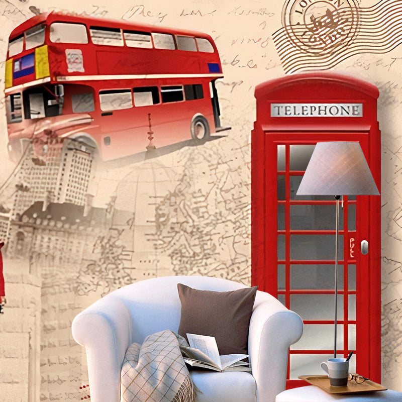 Extra Large Nostalgic Wall Art Red and Brown British Construction Wall Mural, Customized Size Available Clearhalo 'Wall Decor' 'Wall Mural' 978115